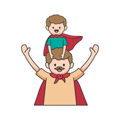 Superhero dad with little boy in his arms, cartoon vector illustration