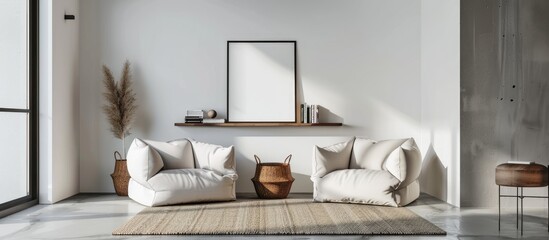 Light living room interior featuring two armchairs and a sofa, decorated shelf, carpet on concrete floor, and blank poster mockup.