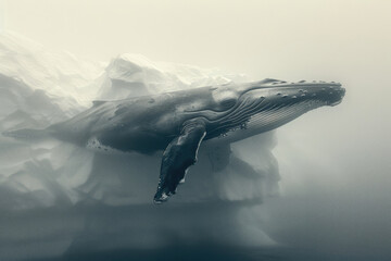 Una ballena en doble exposición con un iceberg, creando una silueta