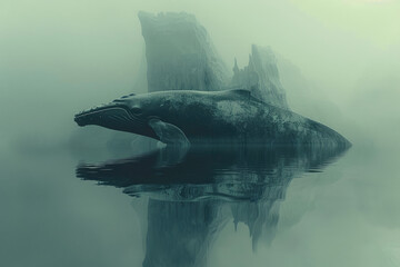 Una ballena en doble exposición con un iceberg, creando una silueta - obrazy, fototapety, plakaty