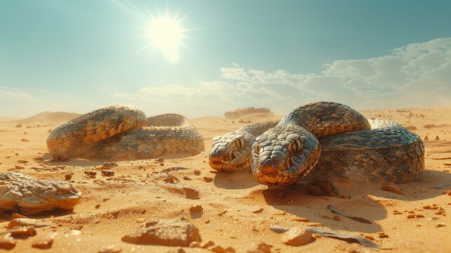 A group of snakes is intertwined on desert sand under the vast sky