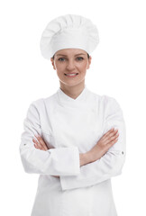 Happy woman chef in uniform on white background
