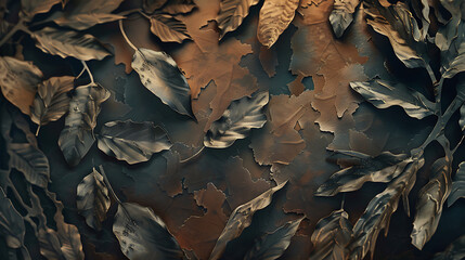 Dark brown dry leaves on the ground. Vintage background concept