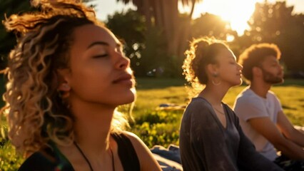 A group of friends sits outside on a patch of grass their eyes closed and faces turned towards the sun. They take turns leading each other through deep breathing exercises