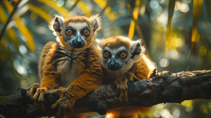 Naklejka premium Two lemurs with fur and whiskers sit on a jungle tree branch
