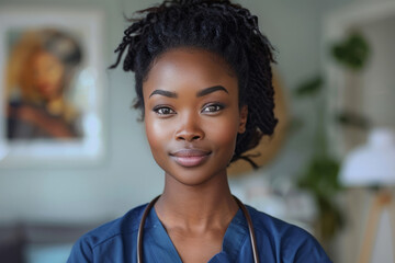Una mujer negra de 32 años con cabello natural, que viste un uniforme de enfermera porque es enfermera registrada.






 - obrazy, fototapety, plakaty