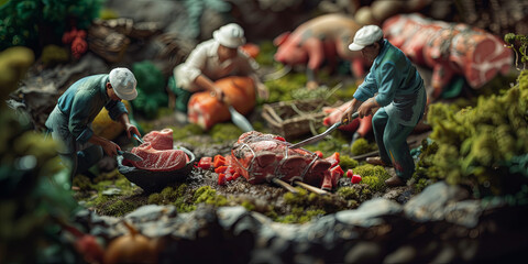 a miniature scene of people carving meat, with large red pork on the ground and green vegetables around them, generative AI