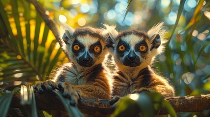 Naklejka premium Two lemurs perched closely on a jungle tree branch