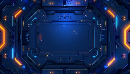 Blue technology background with dark blue neon color accents and empty center for text or logo