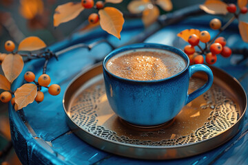 Una taza de café color azul oscuro sobre una bandeja dorada, una imagen natural adornada con hojas turquesas en el fondo, una presentación extremadamente detallada.






