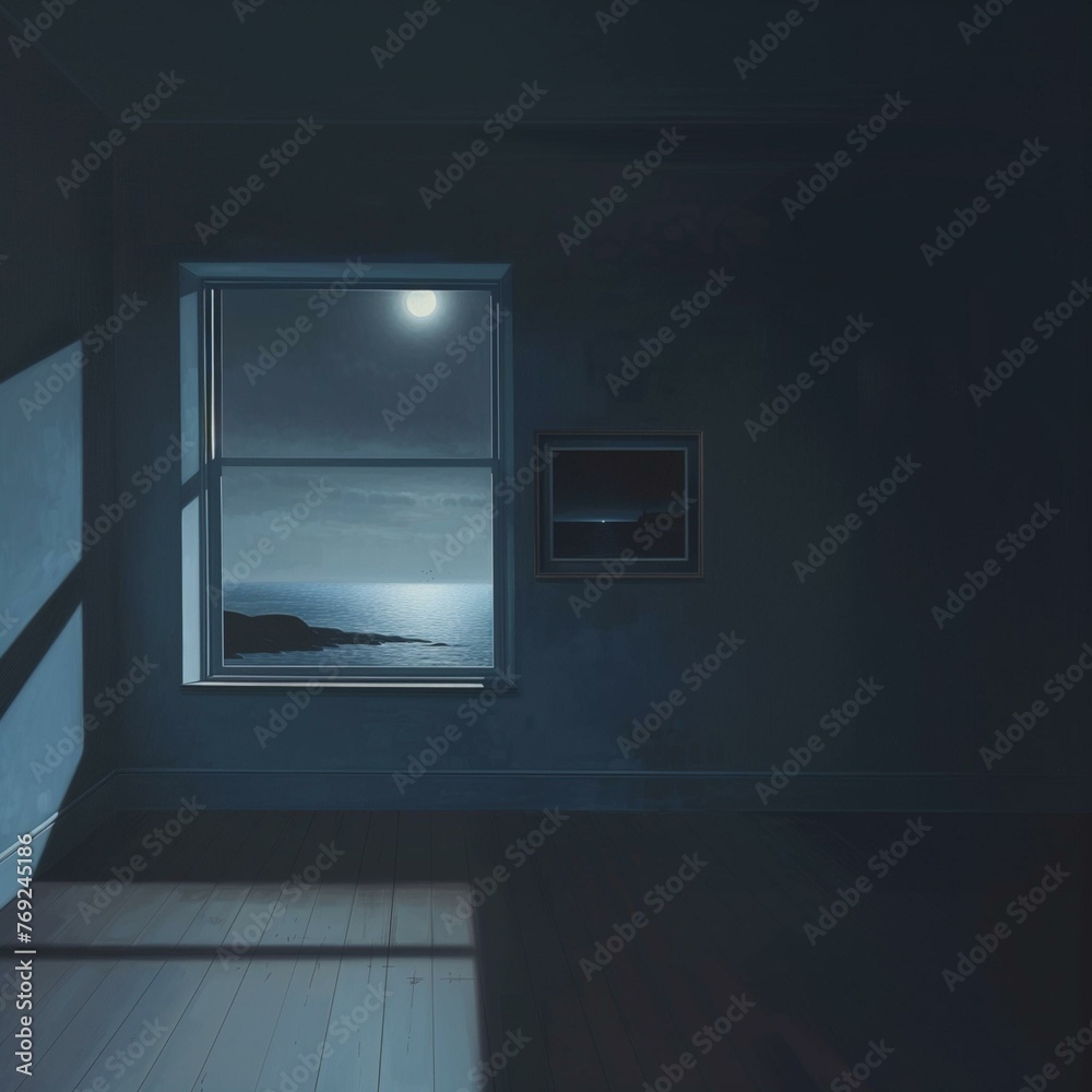 Poster open window in room in night