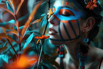 Foto op Plexiglas Una mujer latina con un maquillaje facial de azul mate y líneas brillantes de naranja, observa una flor, siguiendo el estilo de tonos oscuros blancos y naranjas, con simbolismo tropical © Julio