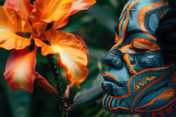Una mujer latina con un maquillaje facial de azul mate y líneas brillantes de naranja, observa una flor, siguiendo el estilo de tonos oscuros blancos y naranjas, con simbolismo tropical - obrazy, fototapety, plakaty