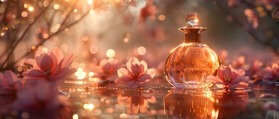 In a captivating scene, a perfume bottle is bathed in the warm glow of the sunset, surrounded by blossoms and glistening water droplets