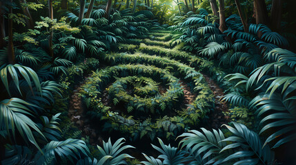 Create an intricate botanical maze, where lush foliage intertwines in a mesmerizing pattern