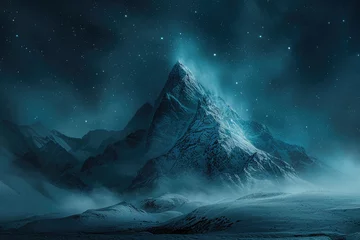Foto op Plexiglas Una montaña en la noche con un rastro de estrellas, siguiendo el estilo de paisajes de fantasía exótica © Julio
