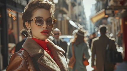A stylish woman evokes a retro chic allure, her elegant pose and attire capturing the essence of a bustling city street.