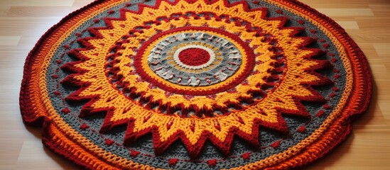 A beautifully crafted crocheted rug, featuring colorful patterns and intricate symmetry, adorns a wooden floor setting, creating a cozy and artistic ambiance in the room