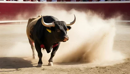 Muurstickers A Bull Kicking Up Dust In A Bullfight © Tahir