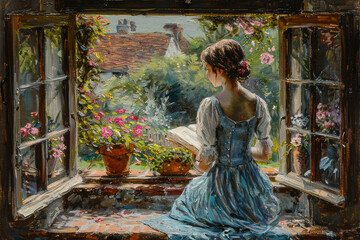 Una pintura vintage de una joven sentada en una ventana abierta leyendo un libro, con flores en el jardín trasero. La escena transmite una sensación romántica y hermosa. - obrazy, fototapety, plakaty