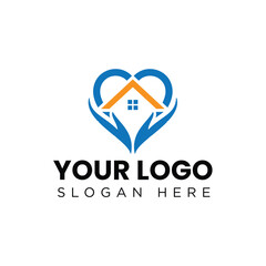 this image is a logo of a house inside of a pair of opened hands in blue and orange color that can be used for realtor or real estate charity logo