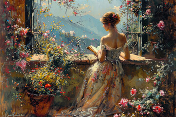 Una pintura vintage de una joven sentada en una ventana abierta leyendo un libro, con flores en el jardín trasero. La escena transmite una sensación romántica y hermosa. - obrazy, fototapety, plakaty