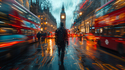 Illustration of man walking through London - double decker busses - clock tower - traffic 