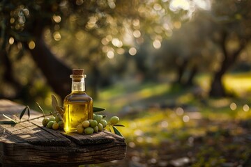 Olive oil bottle among olive branches in sunlight