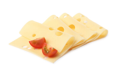 Slices of tasty fresh cheese and tomatoes isolated on white