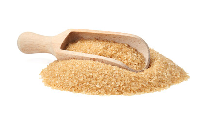 Pile of brown sugar and wooden scoop isolated on white