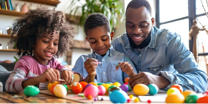 African American family having fun decorating easter eggs together at home spending quality time. Easter festival family celebration.