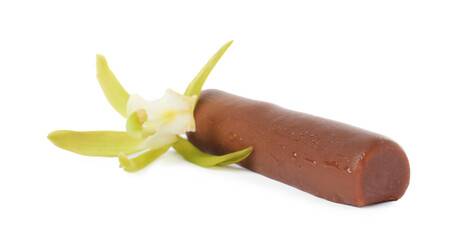 Glazed curd cheese bar and vanilla flower isolated on white