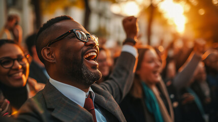 Man celebrating at a political rally with diverse crowd and sunset in the background. - obrazy, fototapety, plakaty