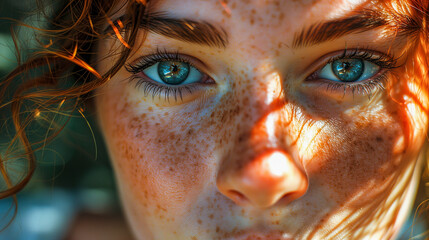 Close-up of a young woman with freckles and intense blue eyes. Macro beauty portrait with a focus on eyes. - obrazy, fototapety, plakaty