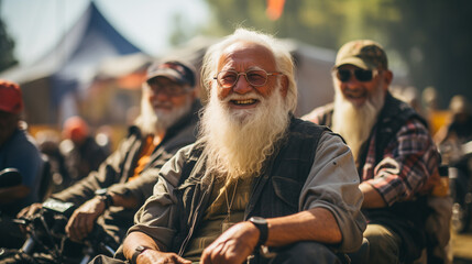 Elderly man with a long white beard laughing joyfully. Lifestyle and community concept.