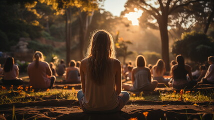 Outdoor meditation session at sunset with focused participants in a natural setting.