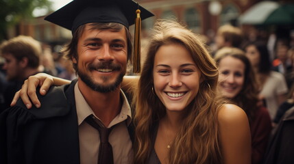Graduation day happiness with a young woman and man smiling, celebrating achievement.