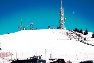 The ski lift under the moon. The top of Mottarone mountain (1491 meters above sea level) on a...