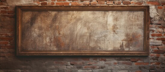 A brown wooden rectangle frame hangs on a brick wall, blending with the building material. The...