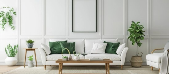 Colonial vintage style living room with white and green color scheme. Fabric sofa, wooden panel, carpet, table, decors, and frame mockup in contemporary interior design.