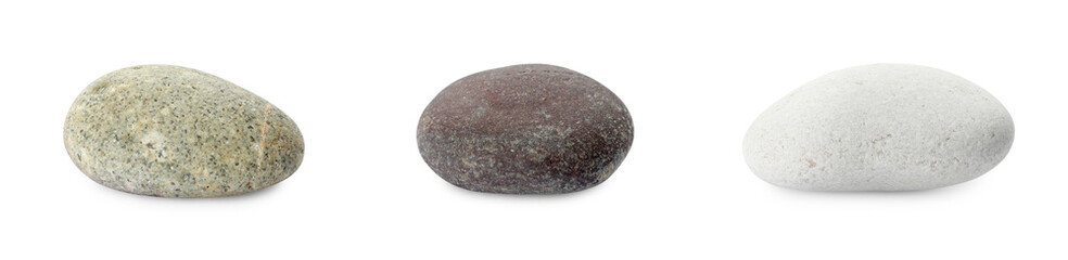 Sea pebbles. Different stones isolated on white, set