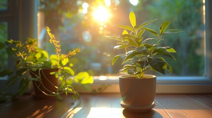 Obraz premium Sunlit potted plant on a wooden windowsill
