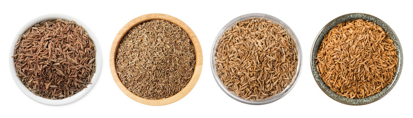 Aromatic caraway (Persian cumin) seeds in bowls isolated on white, top view