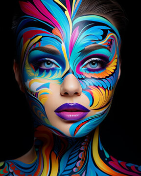 Fantasy beauty photography of model in butterfly image, face painting, body art,bright colors makeup