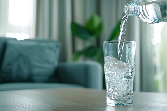 water is life, scene of pouring purified fresh drink water from the bottle on table in living room