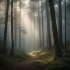 A misty forest with tall trees and a soft, ethereal light filtering through the branches1