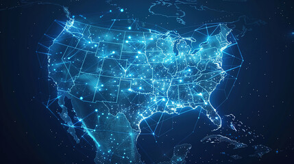 Digital map of USA, concept of North America global network and connectivity, data transfer and cyber technology, information exchange and telecommunication. Digital map for business.