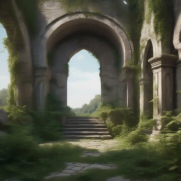 An ancient, overgrown ruin with crumbling stone archways and pillars2
