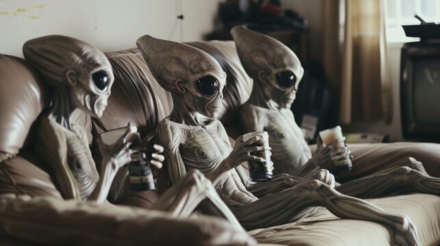 alien creatures lounging on a sofa and holding drinking, Cinematic scene