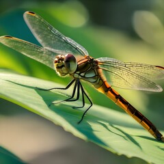 A close-up of a dragonfly perched on a leaf, with its iridescent wings shimmering in the sunlight2